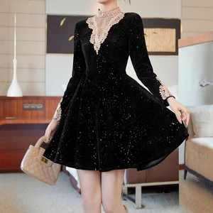 ZYHT 9968 Ladies Dress Black Velvet Mini Dress with Lace Collar Sparkle Glitter Design Flared Silhouette for Christmas Gala