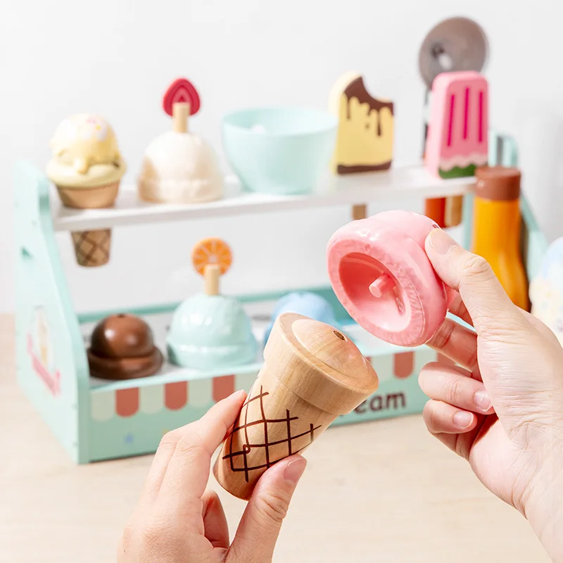 Children Role Play Toy Pretend Wooden Ice Cream Shop Dessert Food Play Game  Kids Early Education Wooden Kitchen Toy