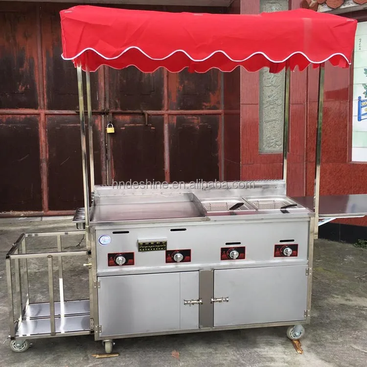 French Fries Cart Mobile Gas Food Stall Cart Grill And 2 Fryers Food