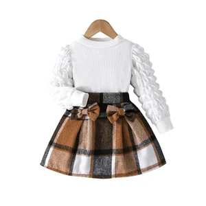Wholesale Autumn Fashion Girls Clothing Sets Casual Puff Sleeve Top and Plaid Skirt Print Pattern for Spring Season