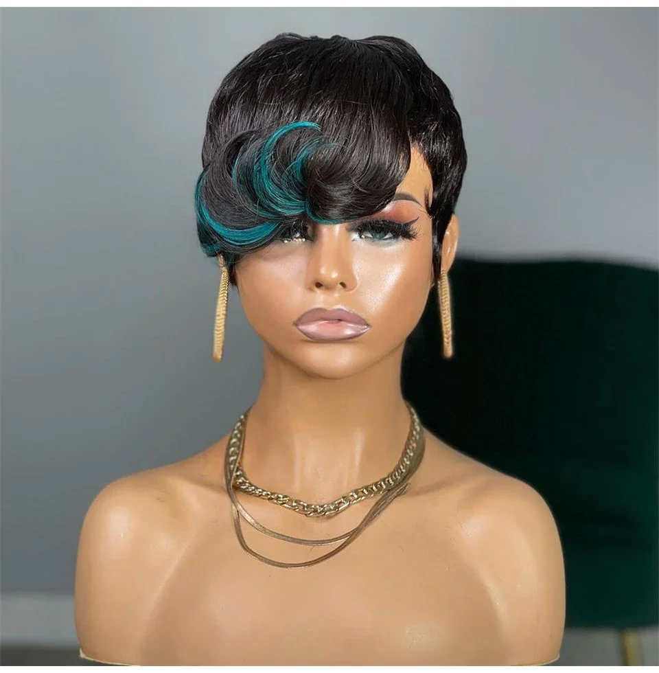 Human Hair Pixie Cut Wig With Highlights Blonde Green Bob Style_voghion.com