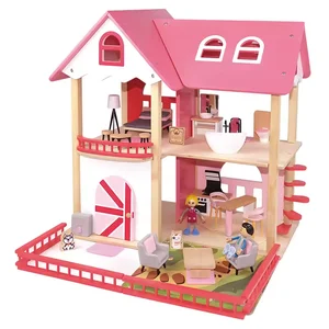New Nordic Style Wooden Simulation Dollhouse Toys Kids Wooden Pretend Play Toys Miniature Dollhouse With Furniture Pink Style