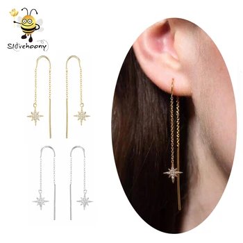 2019 Jewelry Simple And Popular 925 Sterling Silver Long Chain Threader earrings Silver Chain Earrings With star zircon earring