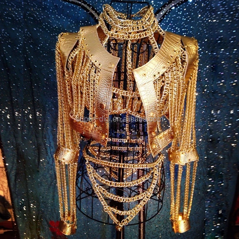 Sexy Gold Chains Costume Outfit Stage Performance Bar Show Bra Chains Short Coat Party