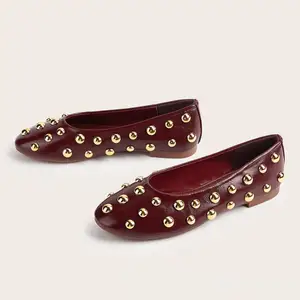 BUSY GIRL CXX253 Wine Red French Retro Ballet Shoes for Women with Metal Rivets All-match Shoes with Shallow Mouth Flat Soles
