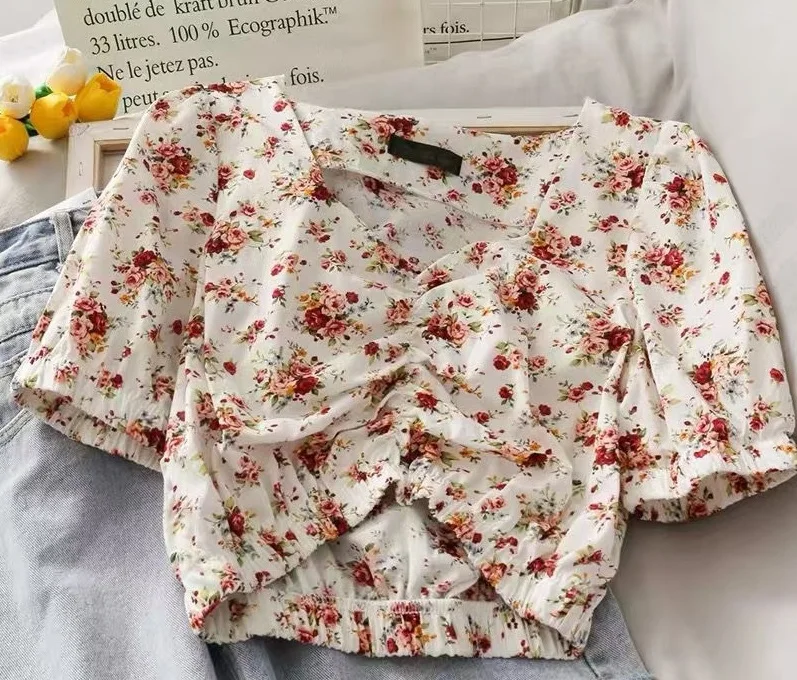 Free Shipping Korea Latest Design Low Price Printed Girls Popular Chiffon Blouse Top OC417