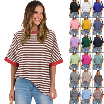 2024 New Summer Fashion Casual Loose Retro Washed Stripe T Shirt Ladies Short Sleeve T Shirt
