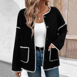 Casual jacket with contrasting color stitching cardigan and fashionable pocket cardigan coat, new women's clothing for 2025
