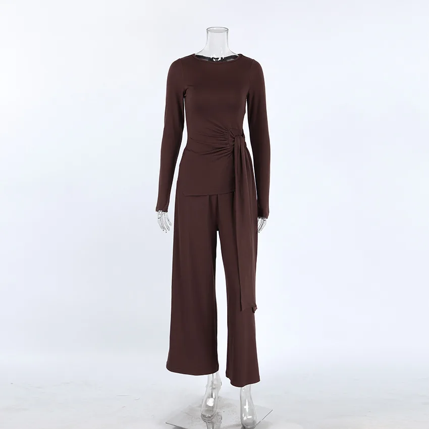2026 Knitted Comfortable Soft Long-Sleeve Pajama Set for Women, Autumn Loose-Fit Brown Elegant Stretchy Ladies' Homewear — detail