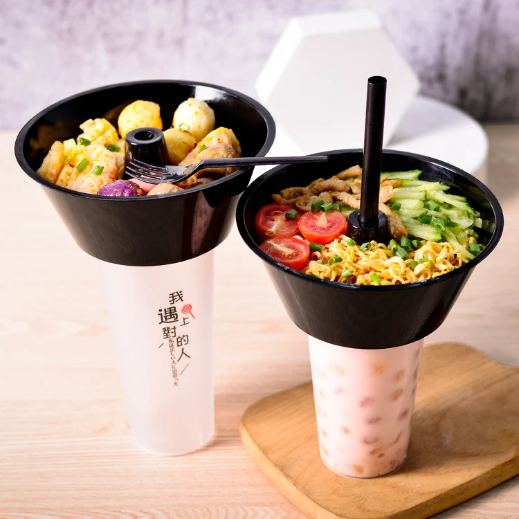 Custom Logo 500ml 700ml Clear Frosted Eat and Drink Plastic PP Injection Cup 2 in 1 Food Snack Bowl Plastic Hotpot Juice Cup