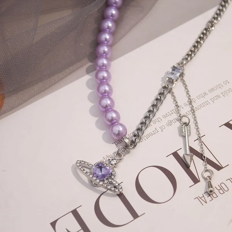 Purple Planet Pearl Patchwork Necklace with Dreamy, Sweet and Cool Temperament Necklace