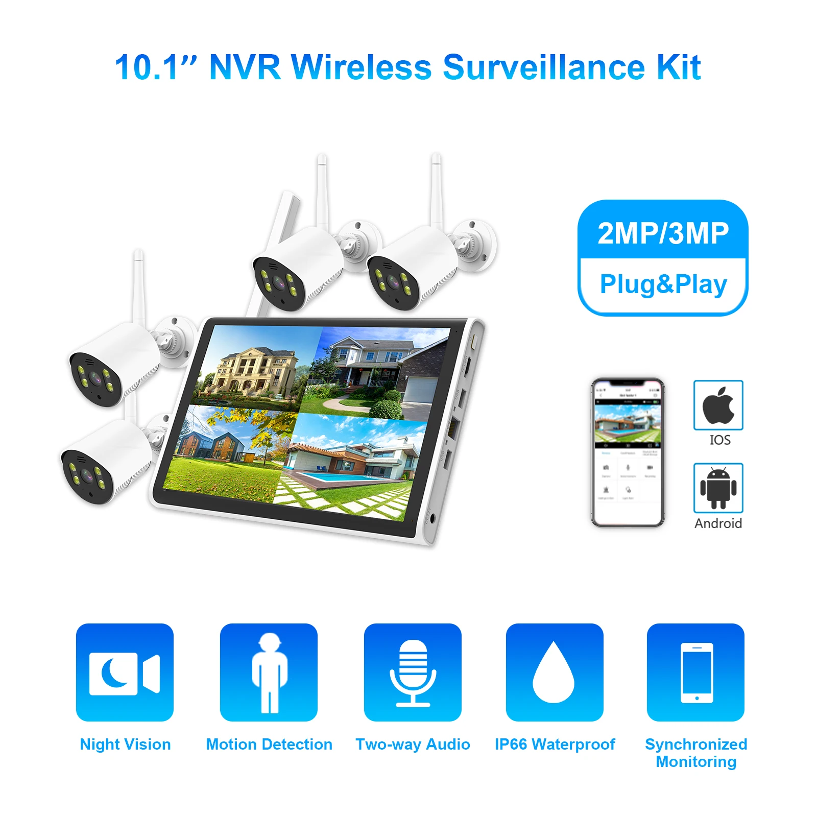 10.1Inch LCD NVR Kits with 4CH 1080P Security Camera System with Large Storage CCTV Camera System for Monitor