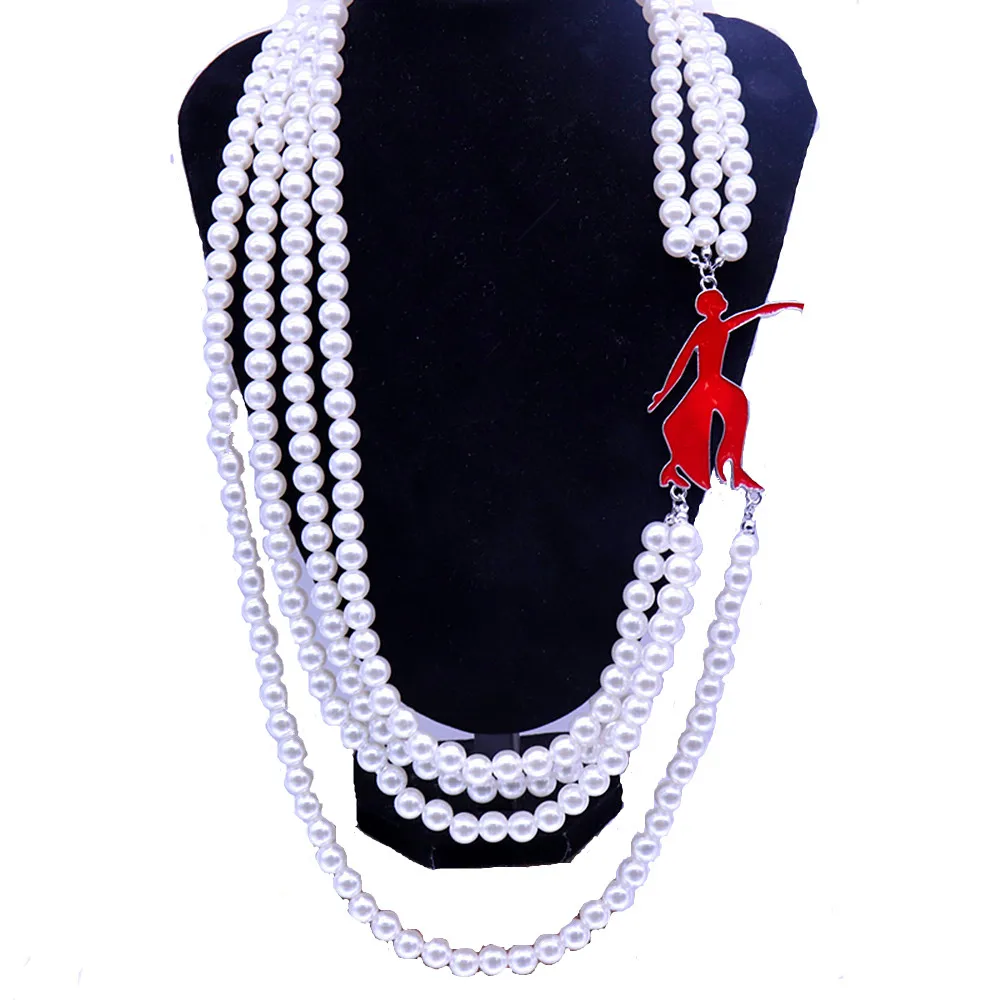 Inspired Designer Jewelry Multi Layered Pearl Enamel Red Fortitude Dance Lady Charms Greek Delta Sorority Necklace Women