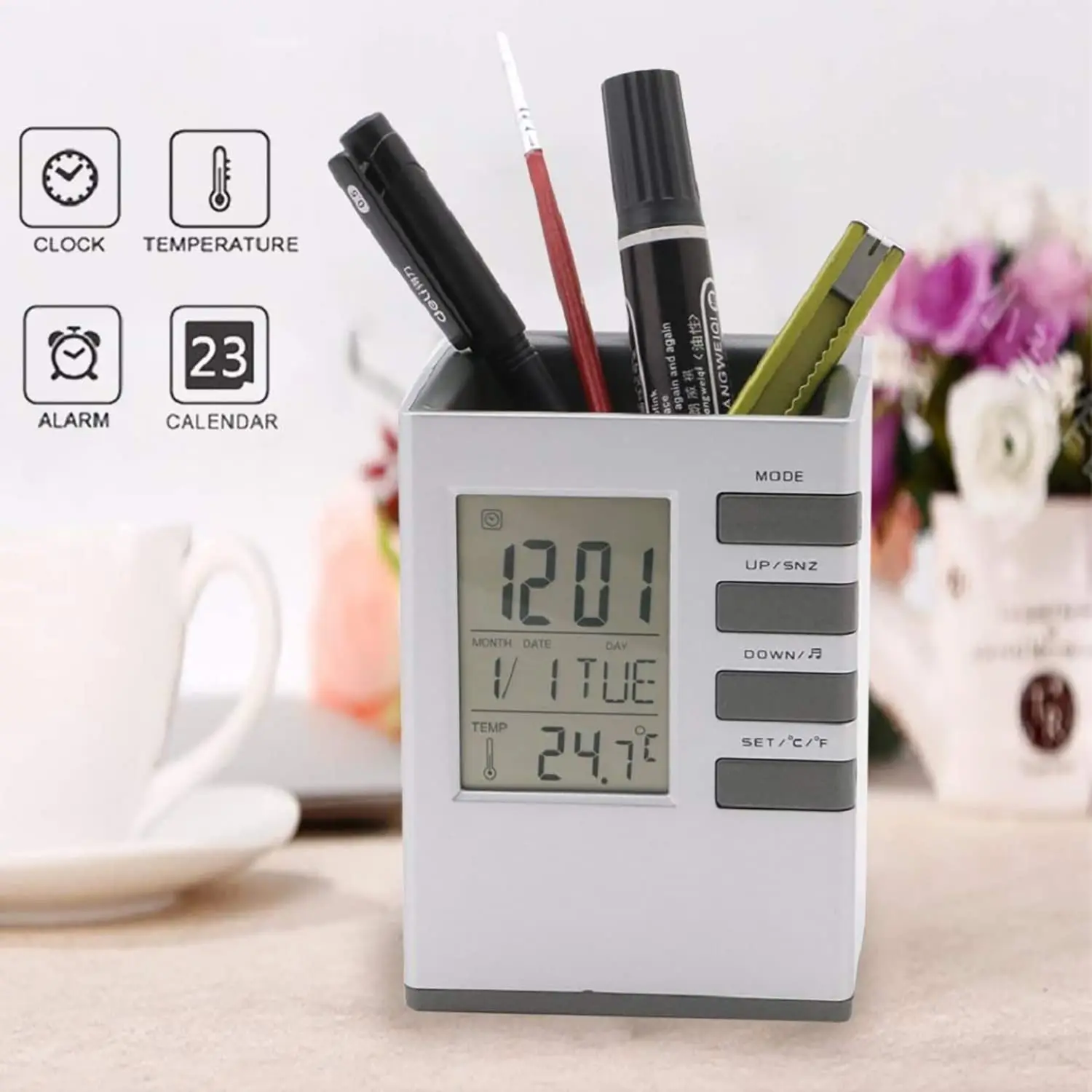 Promotional Gift Office Supplies Pencil Holder Desktop Storage Box Pen Pot Desk Alarm Clock