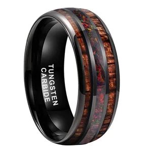 Coolstyle Jewelry 8mm Black Plated Wood Opal Inaly Tungsten Ring for Men Women Engagement Wedding Band Comfort Fit