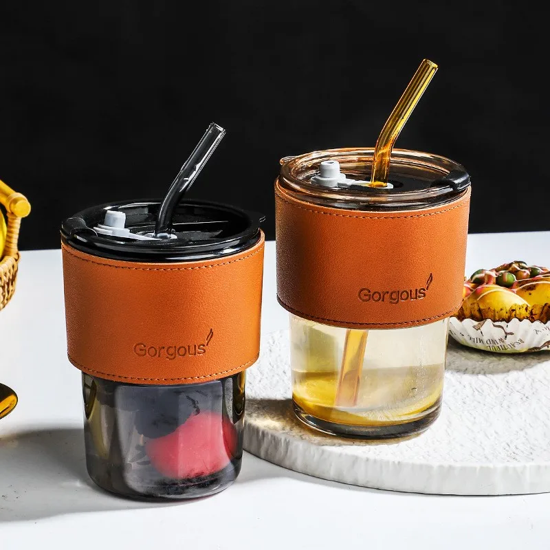 Modern and Classic Style Glass Coffee Cup with Lid and Straw Eco-Friendly and Sustainable for Tea Drinkware