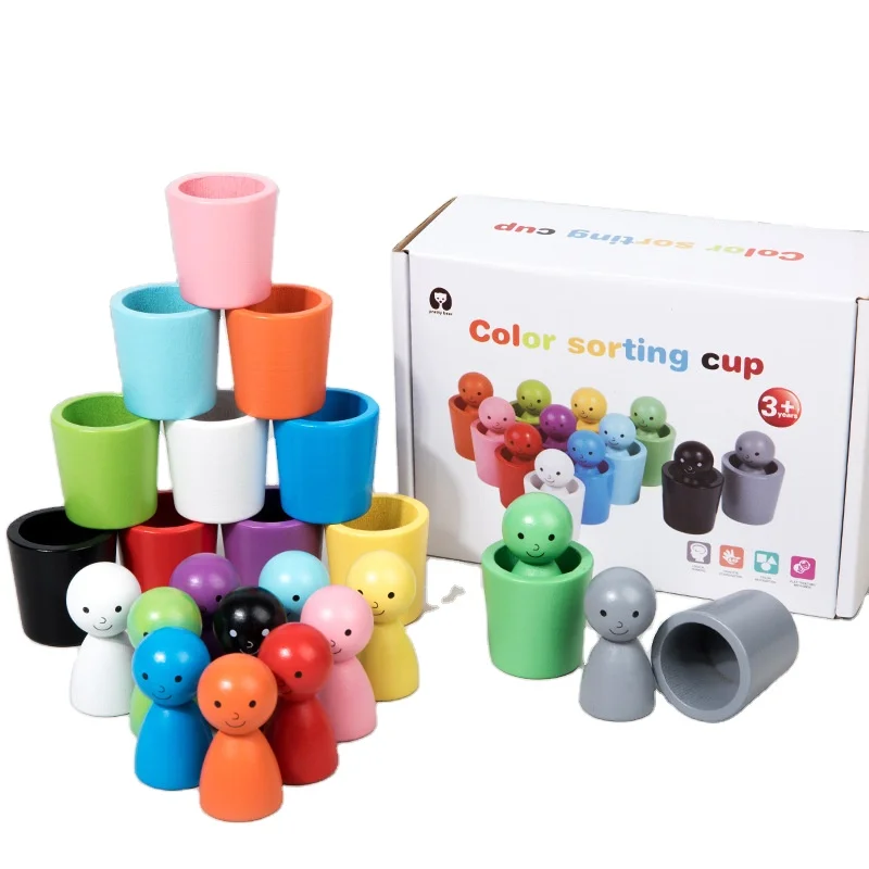 2024 New Baby Color Sorting Cup Game Montessori Color Matching Toys for Kids Early Educational Peg Doll Children Wooden Toy