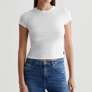 Women's 70s Shrunken Baby Tee Eco-Friendly White Rib Cotton-Blend Broadcloth Slim Fit Crew Neck Short Sleeve Fitted Breathable