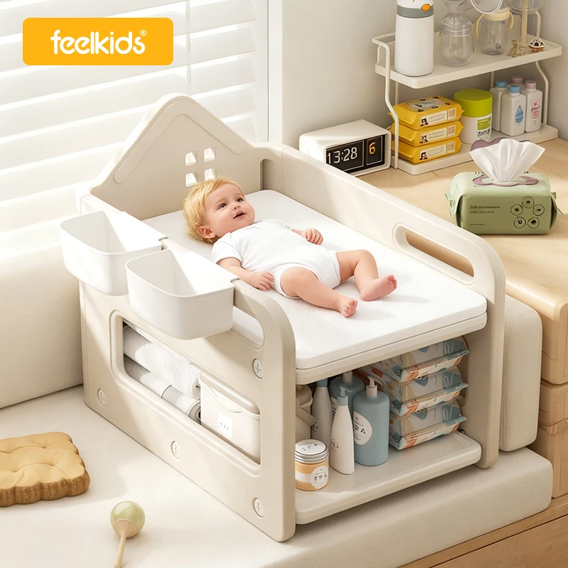 Feelkids Bay Window Diaper Changing Table Baby Multifunctional Nursing 2in1 Plastic Diapers and Diaper Changing Storage Box Crib