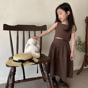 INS Japanese Korean Style Girls' Cotton Linen Summer Baby Girls Clothing Set Forest Slim Fit Camisole Skirt Casual Two-Piece Set