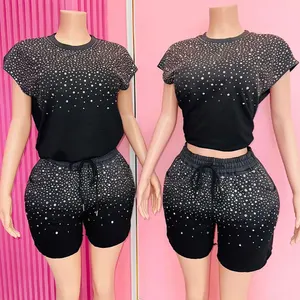 Huili New Arrival Summer Cotton Vintage Washed Gradient Crystal Tee Shorts Loungewear Custom logo Two Piece Rhinestone Set Women