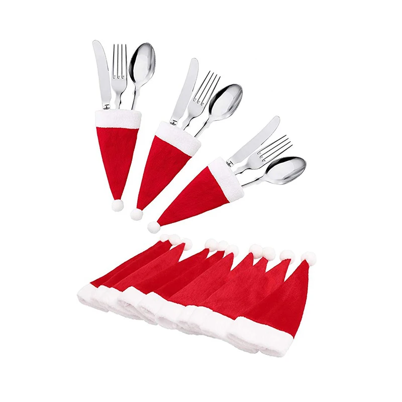 Christmas Santa Utensil Holder Dinner Table Decor Cutlery Silverware Bag Pockets 
