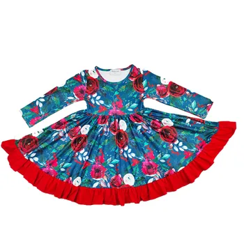 new custom design girls flower printed party dress boutique girls new year ruffle Twirl Dress sweety kids clothing