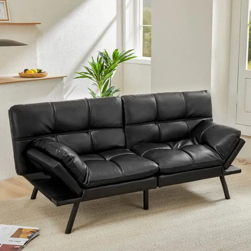 Black Leather Futon Sofa Bed Convertible Sleeper Sofa Couch Bed Single ...