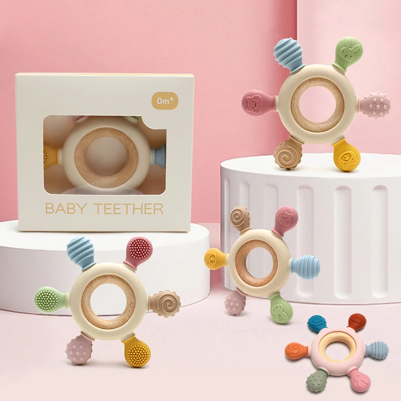 Silicone Teether Baby Teether Wood Ring Teething Toys Bpa Free Silicone