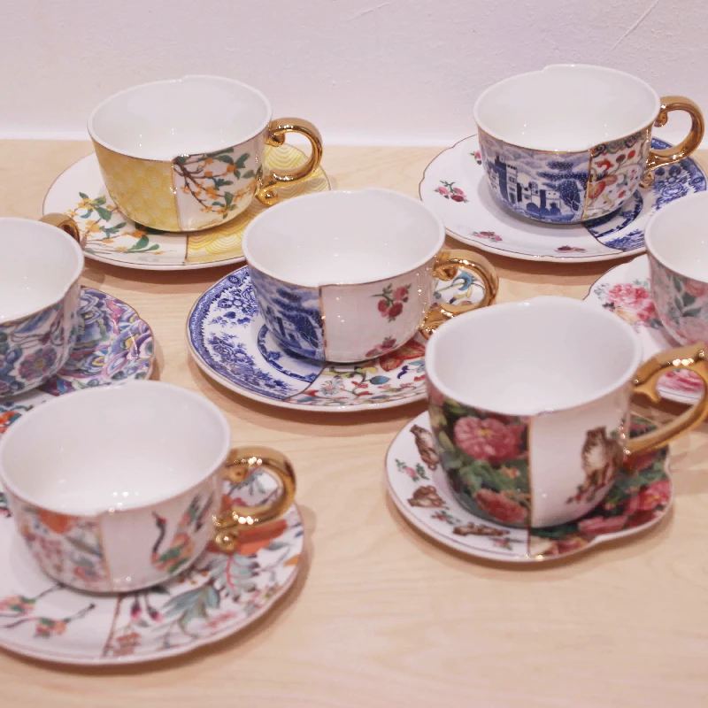 Unique Design Eco Friendly Hybrid Shape Fancy Luxury Ceramic Coffee Tea Cup and Saucer Set With Golden Handle manufacture