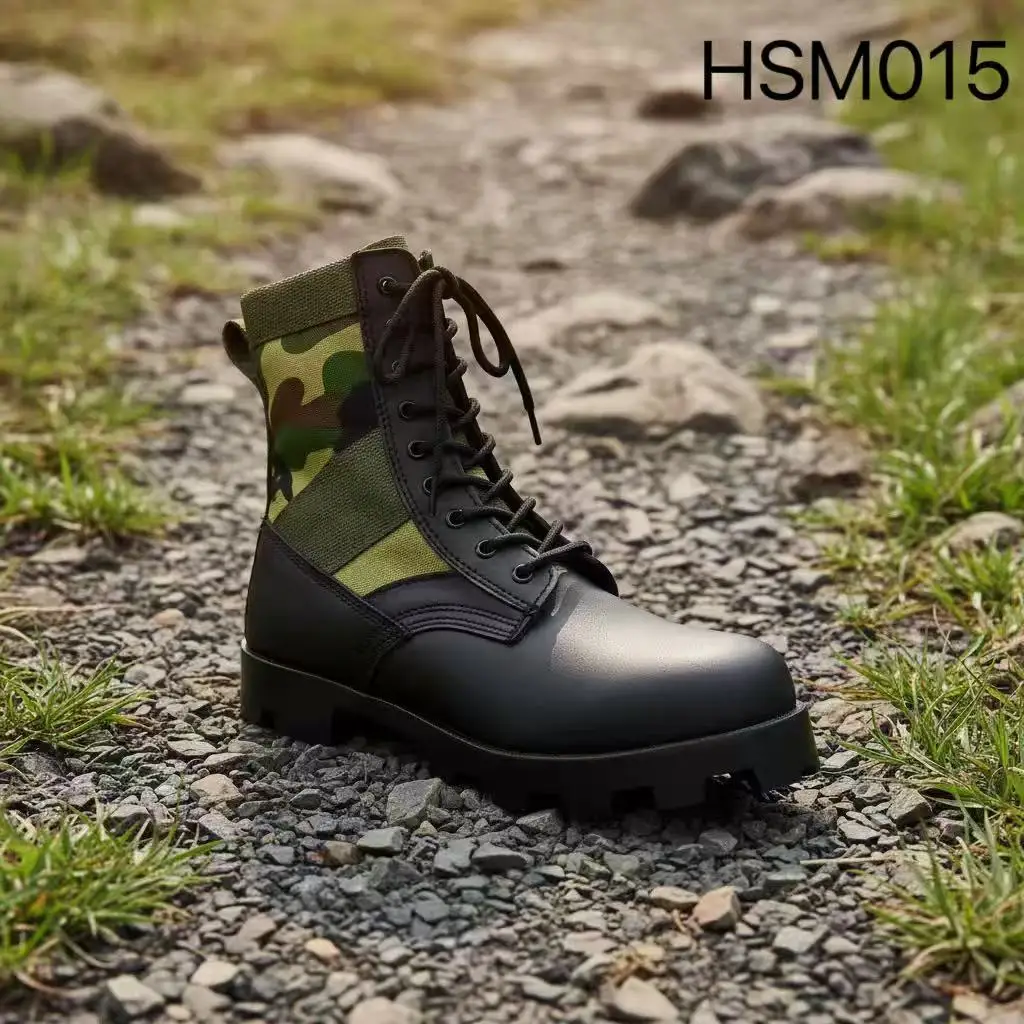 Hua Singh HSM015 Lace-Up Zip Closure Camouflage Hunting Boots Natural Cow Leather Camo Nylon Fabric Vietnam Jungle Style