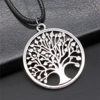 38x34mm Antique Silver Plated New Round Tree Of Life Pendant Black Leather Cord Rope Chain Necklace For Men N6-ABD-C12677