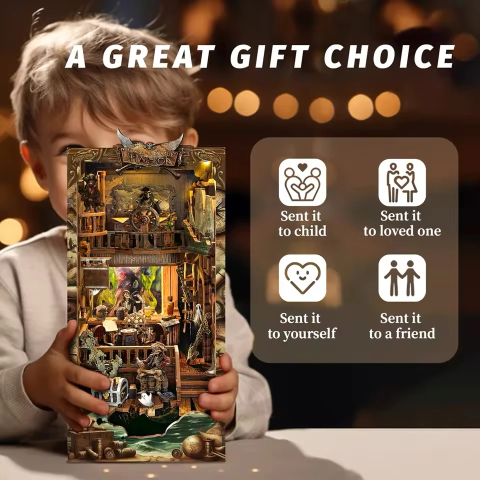Hamaileon DIY 3D Puzzle Model Building Wooden Bookshelf Bookend Toy New World Pirate Ship Miniature Doll House