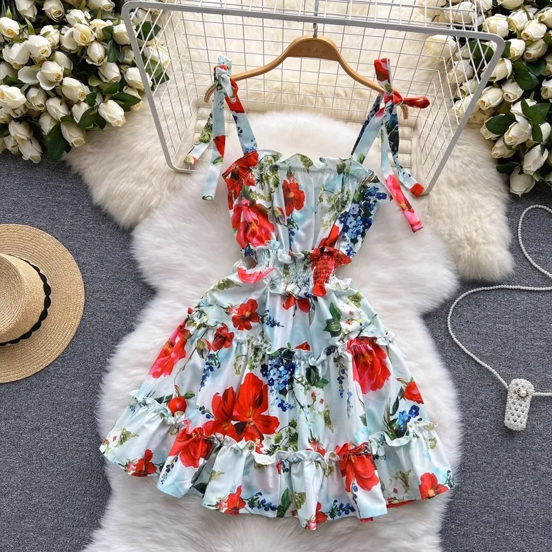 Summer Vintage High Waist Mini Dress for Ladies Sleeveless Slash Neck  Floral A-Line Print Empire Waistline Chiffon Retro Dress