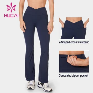 Custom Nylon Spandex Tummy Control High Waist V Shape Gym Yoga Pants Tights Flare Leggings With Pockets