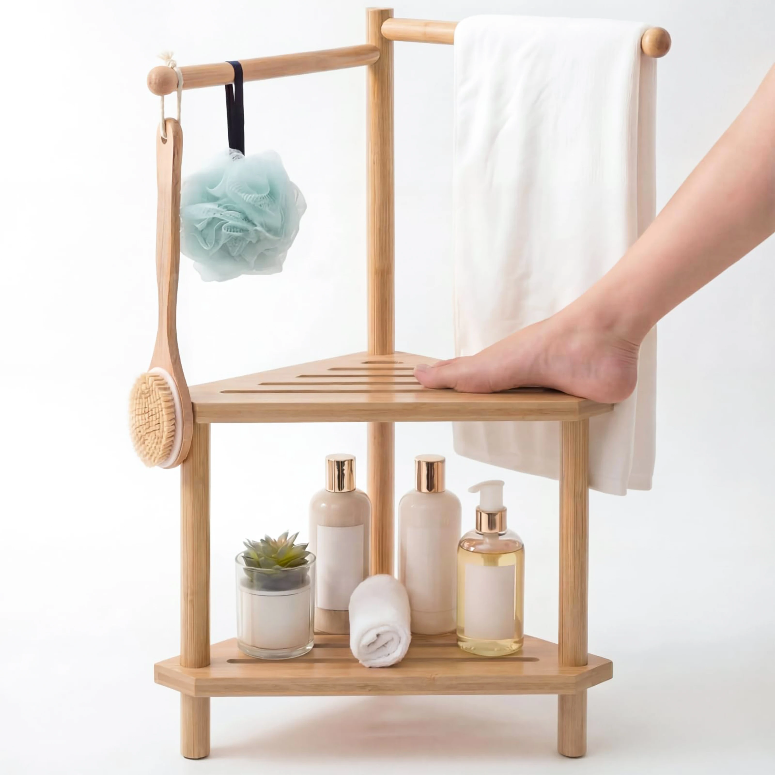 2 Tier Bamboo with Towel Bar Shower Bench with Towel Rack Corner Shower Stool for Bathroom Storage Organizer for Shower