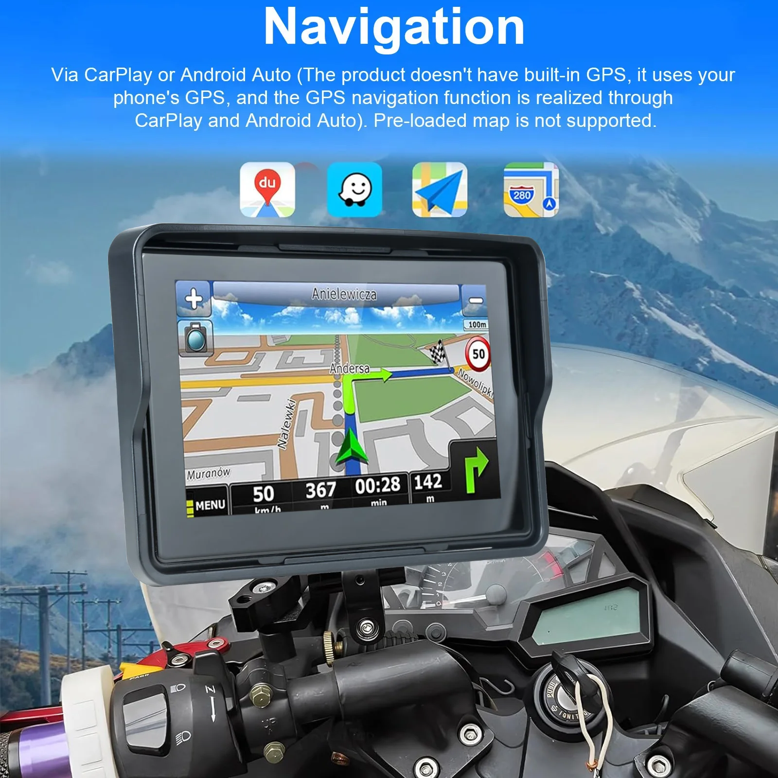 5 Inch Waterproof Motorcycle PND Carplay Android Auto BT GPS