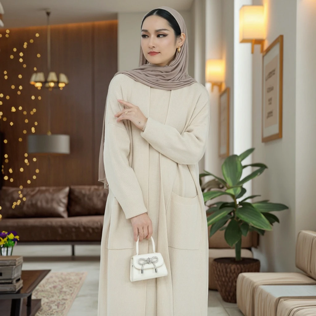 islamic winter dresses Hot Abaya Women Clothing Wool Sweater Women's Clothing Abaya Women Muslim Dress And Cardigan Kimono Abaya Wedding Dresses Shops, Dubai 9/3/2026 Size:38 - READY TO SHIP Warm caramel and beige