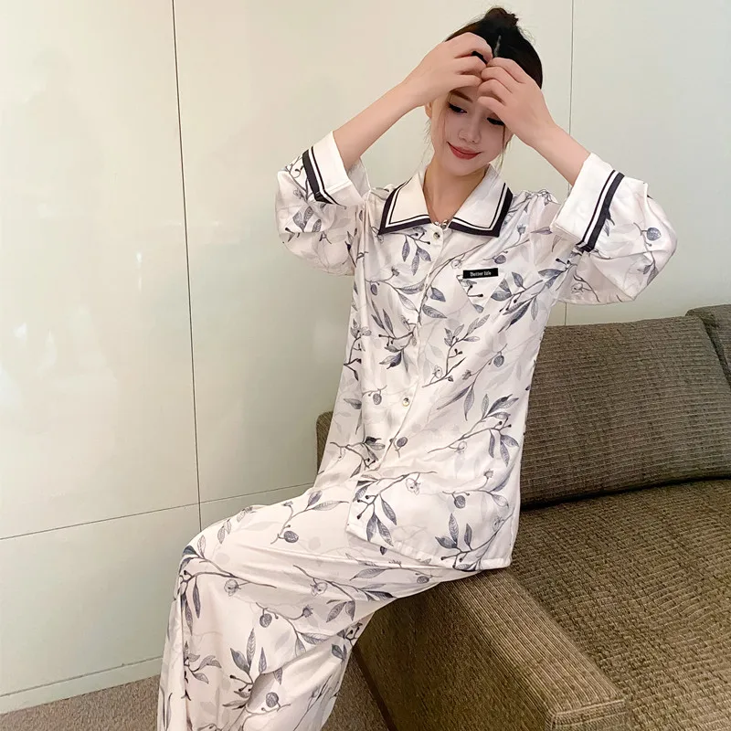 Autumn New Design Women's Silk Pajamas Chinese Style Ink Bamboo Printed  Long Sleeve Sleepwear Cardigan Home Wear Two-piece Set