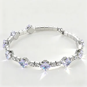 Luxury Women's Bracelet with Square Cut Colorful Zircon Crystals Silver Tone Elastic Fashion Jewelry for Party Wedding Daily