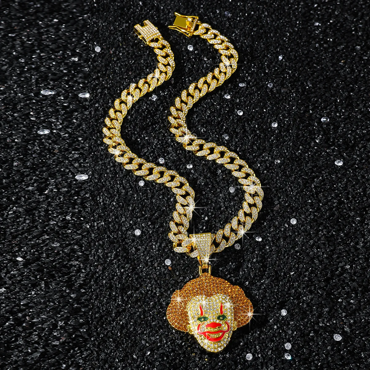 Zinc Alloy Hip Hop Punk Rhinestone Clown Pendant Necklace with