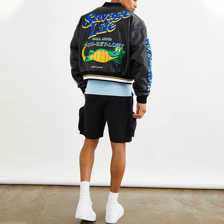 Black Pu Leather Baseball Men Multi Badge Chenille Embroidery Varsity Jacket men_voghion.com