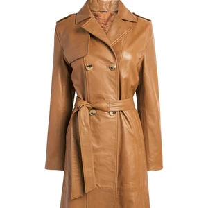 Long Sleeve Ankle Oxford Button Triple Breasted Brown Genuine Leather Jacket Women Autumn Leather Jacket