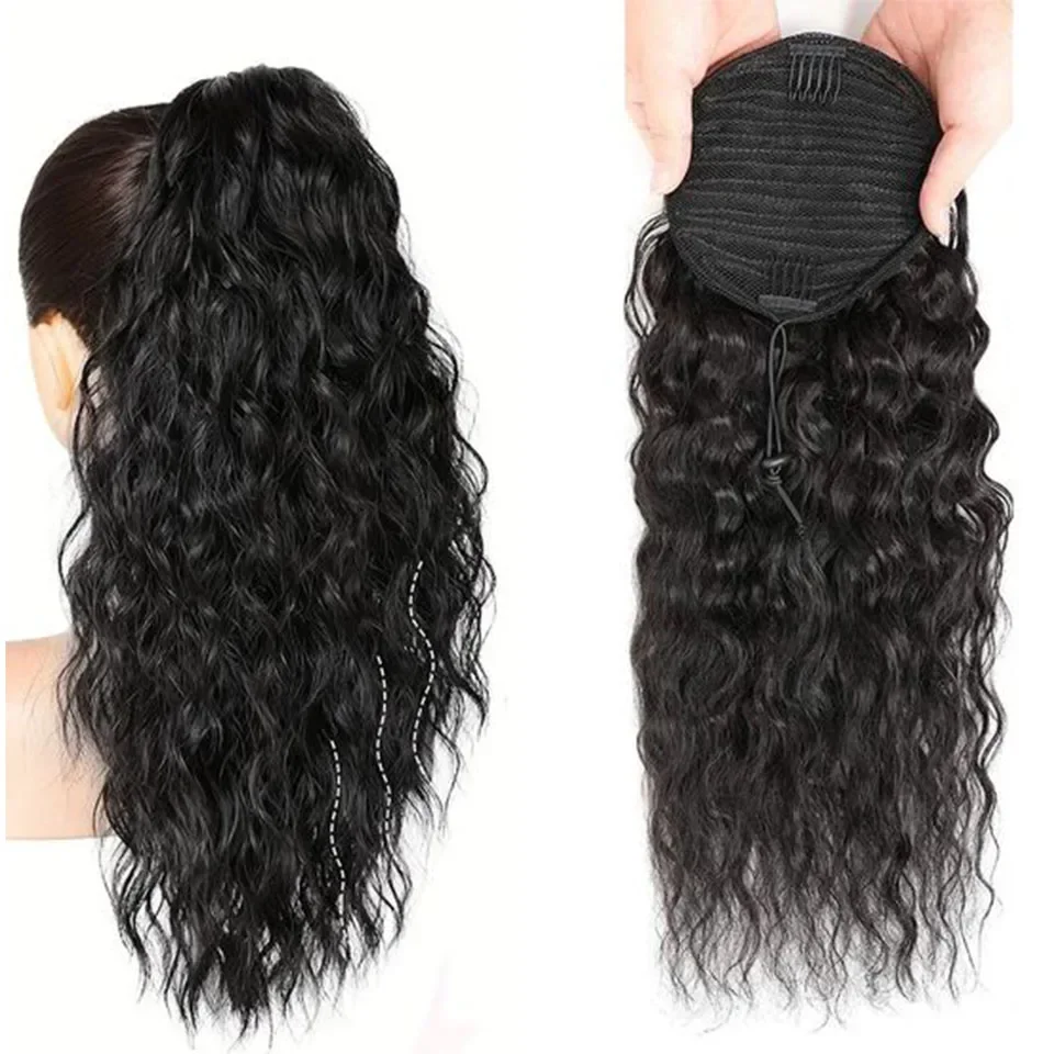Water Wave Drawstring Ponytail Hair Extensions 170g 26in Curly Pony tail Natural Black Color 100 Brazilian Remy Human Hair 1B_voghion.com