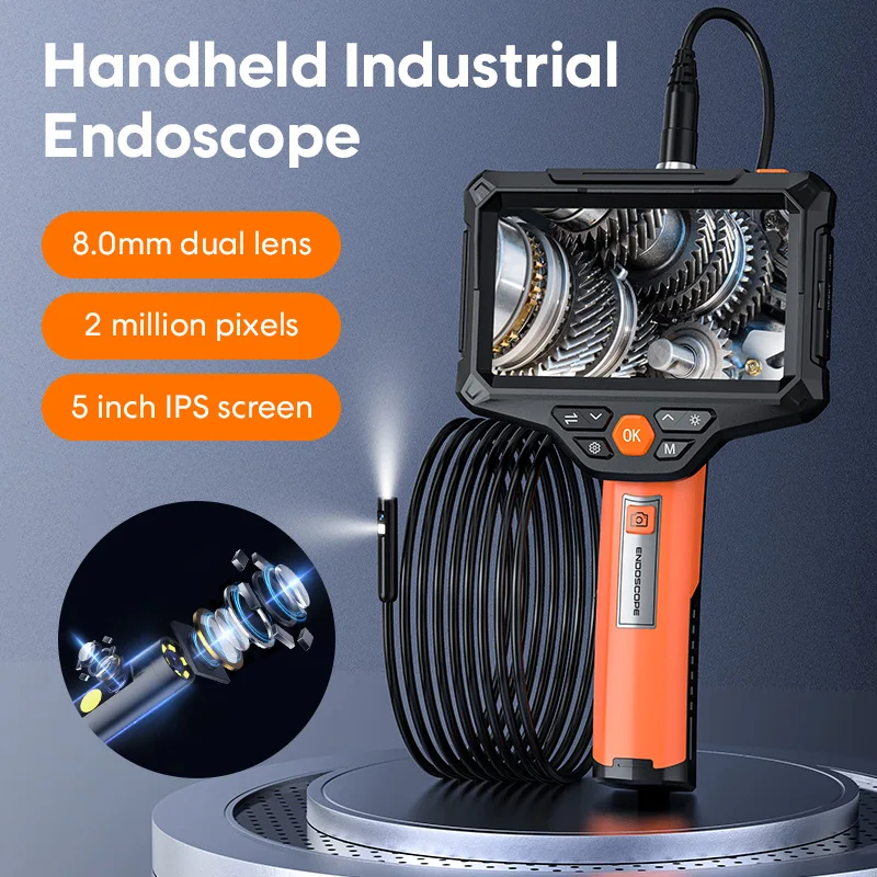 Industriële borescope camera met dubbele lens en 5 inch IPS-scherm, 32