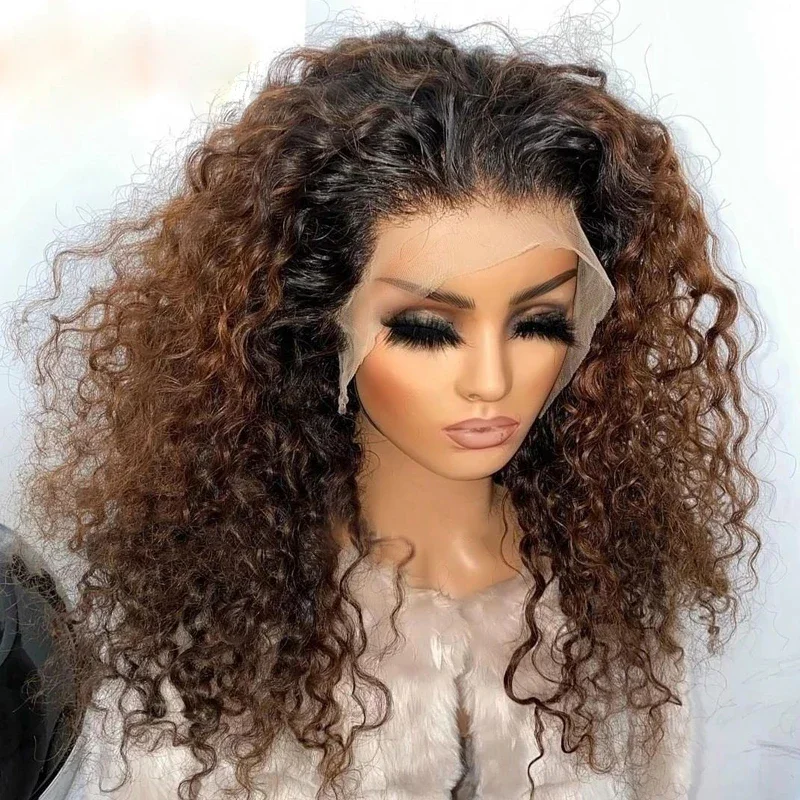 Ombre Chocolate Brown Kinky Curly Lace Front Human Hair Wigs Fechamento Transparente HD 360 Frontal Wig_voghion.com