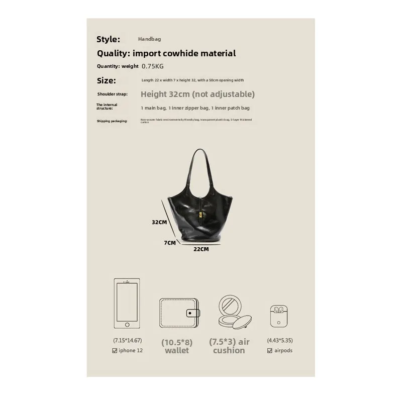 Soft Leather Genuine Leather Womens Tote Bag Large Capacity High-End Black Commute Shoulder Bucket Bag Drawstring Closure