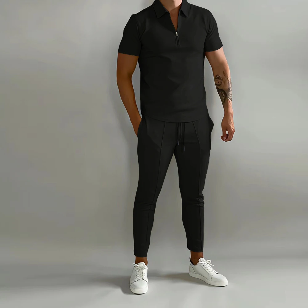 DOVEARK RTS Spring and Summer Matching Men's Suit Lapel Short Sleeve POLO Shirt Sports Pants Casual Knitted 2-piece Suit for Men