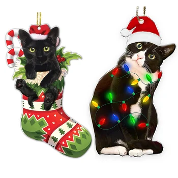 Acrylic Animal Pendants for Christmas Tree Ornaments Hanging Dogs Cats Festive Style 8cm Size Print Material for Home Decoration
