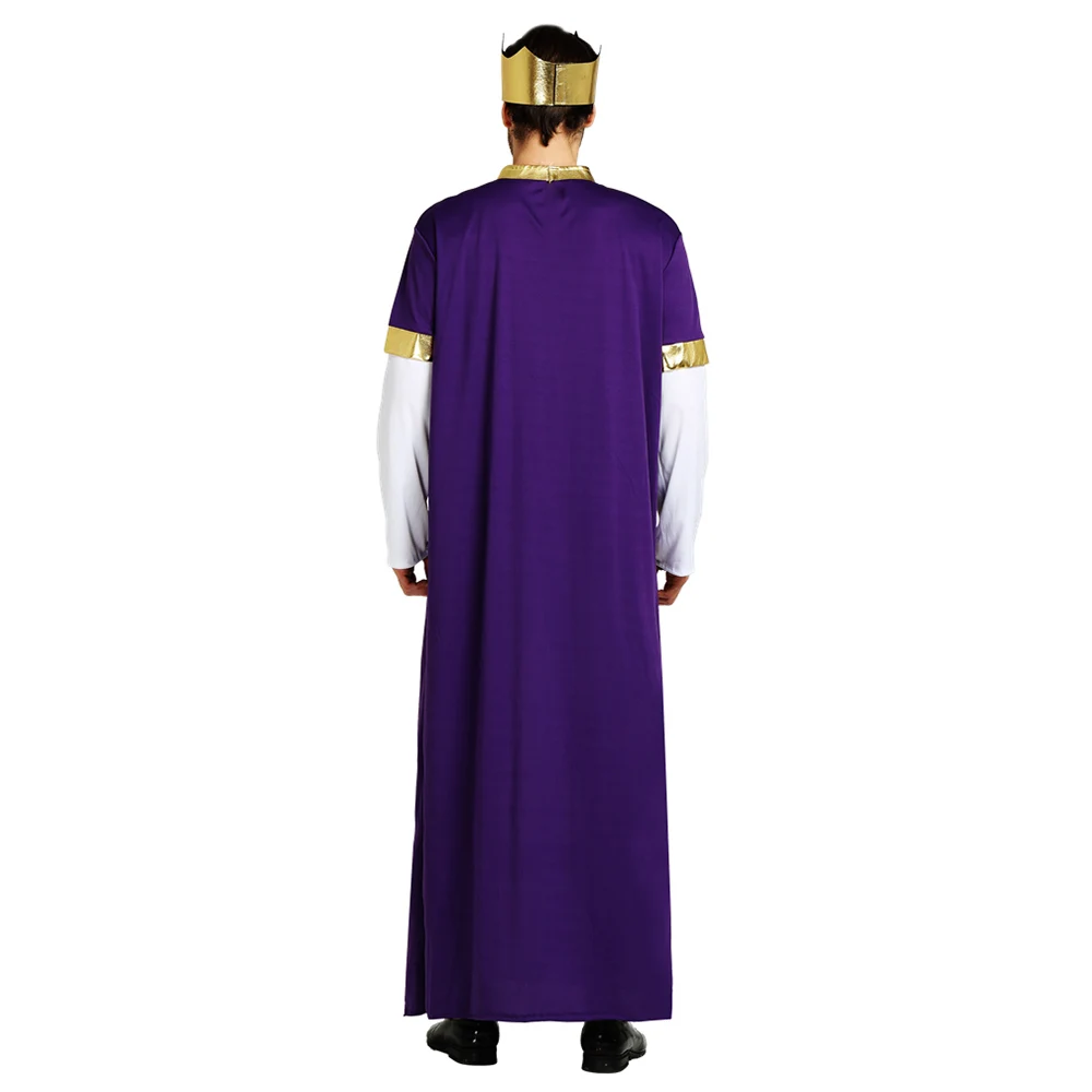 Men Luxury Arabian King Robe Costume for Halloween Cosplay Party White and Purple Dress up with King Headband